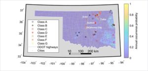 A map of Oklahoma showing March 2023 wildfire outbreaks. The chapter says, "The outbreak was driven by extreme meteorological conditions, including unusually high temperatures, strong winds, and a sharp drop in humidity." (from Campos et al 2024. (Courtesy OK NSF EPSCoR)